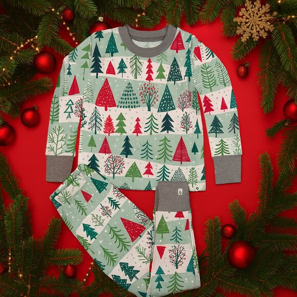 NWT Winter Forest Christmas Pajama Set – Soft Kids Holiday Sleepwear Pinetrees - Picture 1 of 6